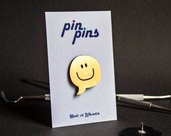 Happy Smiling Speech Bubble Pin! - pins, badges, brooch, smile pin, Speech Bubble Pin, happy black & brass