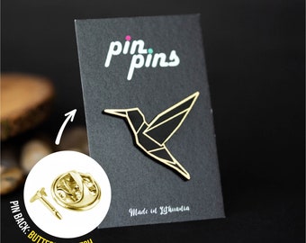 ¡Colibrí Colibri Pin! - alfiler, broche, insignias, alfileres de animales, alfileres lindos, pasador de pájaro, pasador de línea geométrica, alfiler de origami, amante de las aves, negro & latón