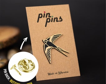 Bird Swallow Geometric Line Pin! - brooch, badges, animal, bird pin, geometric line pin, Swallow Pin, Animal Lover, Bird Lover black & brass
