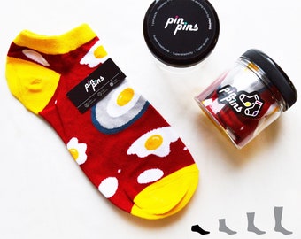 Fried Egg Omelette Breakfast Red/Yellow Socks Gift Pack, Embroidered Casual Cotton Socks, Gift for Him, Men Low Cut No Show Food Socks