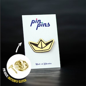 Paper ship boat Origami Pin! - badges, cute pins, Origami, original gift, gift idea, Clothing accessory pin, sea lake pin, black & brass