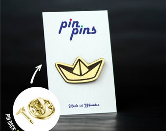 Paper ship boat Origami Pin! - badges, cute pins, Origami, original gift, gift idea, Clothing accessory pin, sea lake pin, black & brass