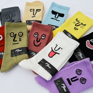 Funny Crazy Face Socks Colored Original Gift Pack, Best Gift, Presents, Unisex Elastic One size 36-44 Cotton, Crew, Embroidered Casual Socks image 1