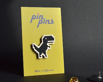 Pixel Dino T-Rex google chrome game Dinosaur retro Pin badge , Pins, badges, brooch, funny pin, Humor Pin, original gift idea, black & brass