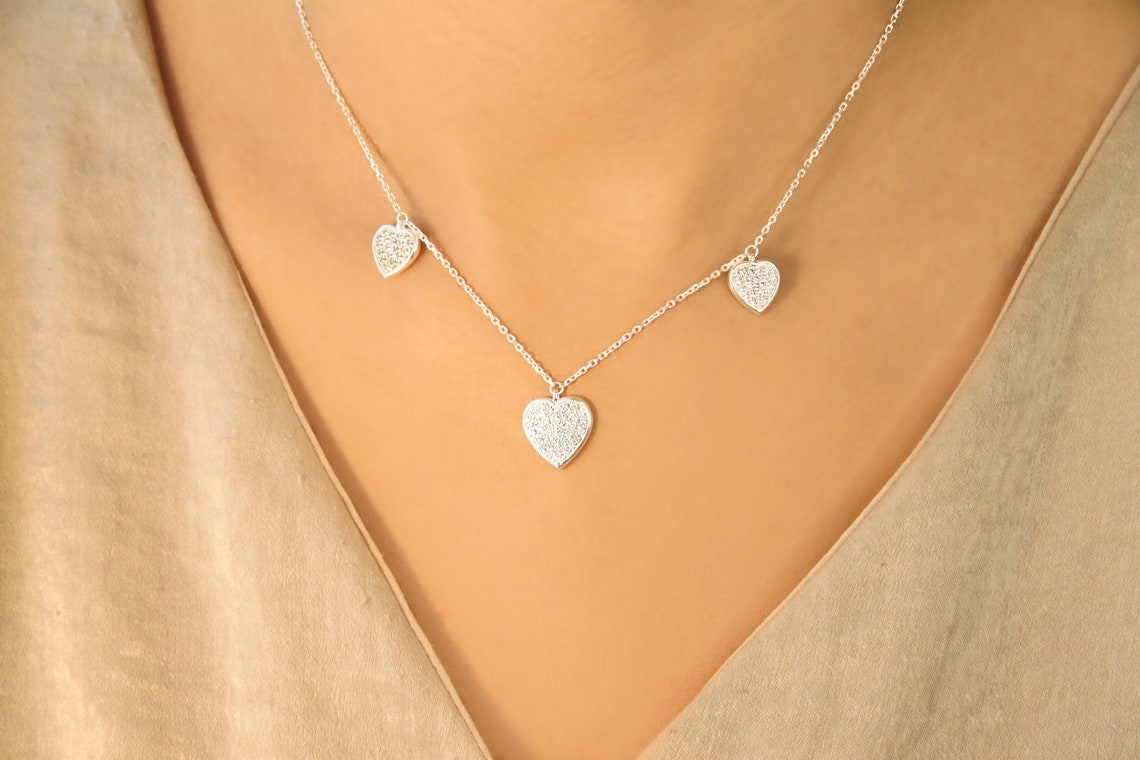 Triple Heart Necklace Pave Stone Heart Necklace 925 Sterling Etsy Triple Heart Necklace Pave Stone Heart Necklace 925 Sterling Etsy