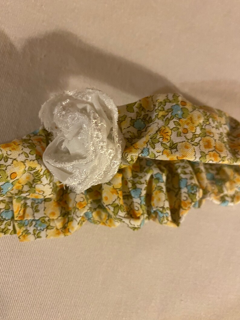 Yellow and Blue Floral baby toddler Headband with white eyelet lace rose 12-24 month