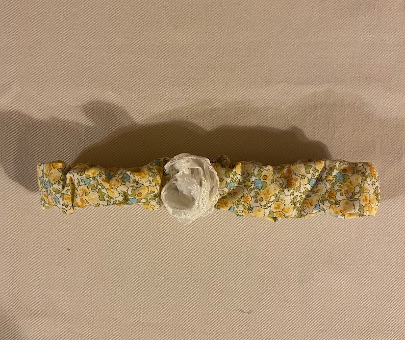 Yellow and Blue Floral baby toddler Headband with white eyelet lace rose 12-24 month