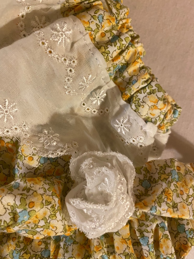Yellow and Blue Floral baby toddler Headband with white eyelet lace rose 12-24 month