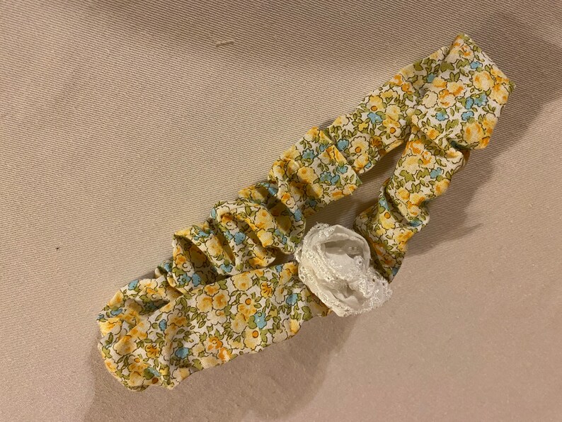 Yellow and Blue Floral baby toddler Headband with white eyelet lace rose 12-24 month