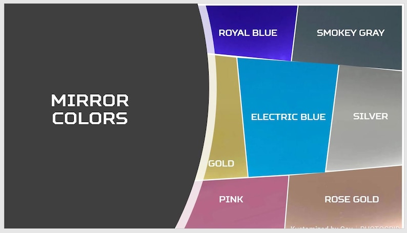 May include: A chart showing different mirror colors, including gold, pink, rose gold, electric blue, silver, smokey gray, and royal blue. The text "MIRROR COLORS" is at the top of the chart.