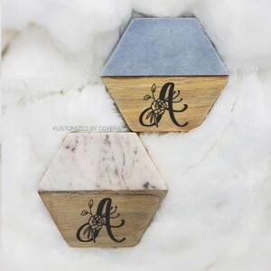 Personalized Coasters, Set of 4, Wood and Marble Coasters, Custom Coasters, Engraved Coasters, Housewarming Gift, Wedding Gift