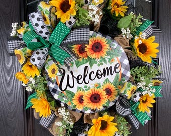 Sunflower Welcome Wreath – Farmhouse Front Door Decor with Buffalo Check & Polka Dot Ribbons