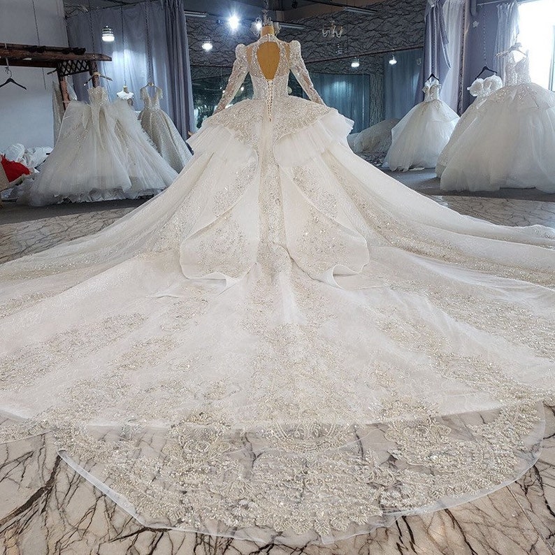 Crystal Wedding Dress / Long Train Bridal Gown W/ Lace Sleeves - Etsy