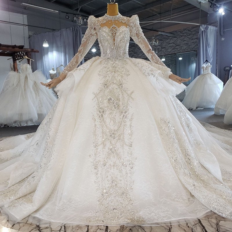 Crystal Wedding Dress / Long Train Bridal Gown W/ Lace Sleeves - Etsy ...