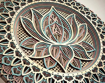 Gelaagde wanddecoratie lotus-mandala, lasergesneden mdf-kunst