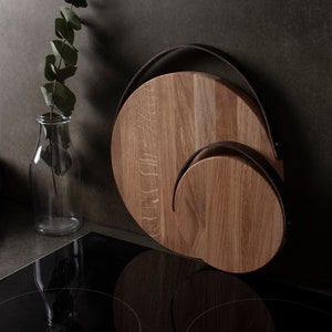 Round Wood Cutting Board with Leather Handle | Small Hardwood Kitchen Board for Chopping and Serving | Rustic and Modern Farmhouse Gift