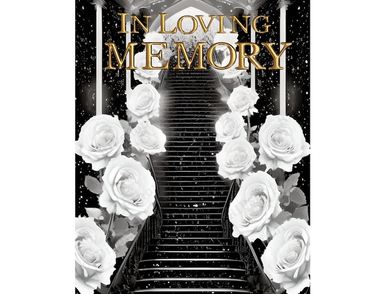 K&ouml;nnte beinhalten: Schwarzwei&szlig;bild einer Treppe, die nach oben f&uuml;hrt, mit wei&szlig;en Rosen auf beiden Seiten. Der Text "IN LOVING MEMORY" befindet sich oben im Bild in goldenen Buchstaben.