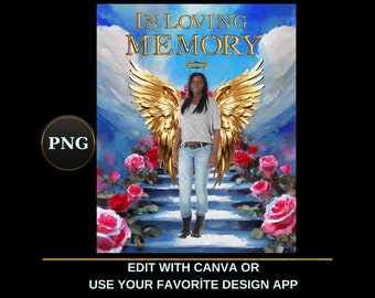 In Loving Memory PNG, Red Rose Gold Heaven's Stairway Memorial Background for Funeral & Remembrance. RIP Memorial T-shirt PNG Sublimation