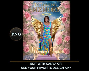 In Loving Memory PNG , Pink Flowers Heaven's Stairway Memorial Background for Funeral,Gold wings, RIP Memorial T-shirt PNG Sublimation