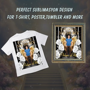 K&ouml;nnte beinhalten: Ein wei&szlig;es T-Shirt mit einem Sublimationsdesign, das eine Person mit goldenen Fl&uuml;geln zeigt, die auf einer Treppe mit wei&szlig;en Rosen steht. Das Design enth&auml;lt den Text "In Loving Memory" und "Adam Lille".