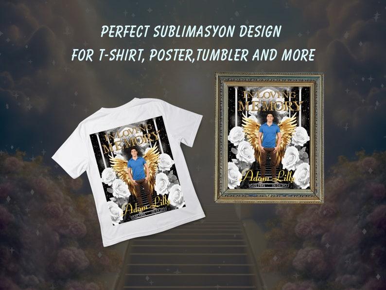 K&ouml;nnte beinhalten: Ein wei&szlig;es T-Shirt mit einem Sublimationsdesign, das eine Person mit goldenen Fl&uuml;geln zeigt, die auf einer Treppe mit wei&szlig;en Rosen steht. Das Design enth&auml;lt den Text "In Loving Memory" und "Adam Lille".
