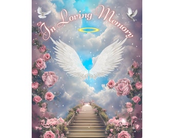 İn Loving Memory PNG, Blue Sky Background, Heaven gate Stairway Memorial Background, Funeral Card, Rip png, Blue shirt template,Funeral PNG