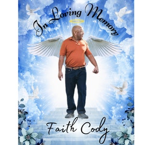 İn Loving Memory PNG, Blue Sky Heaven Background, Heaven gate Stairway Memorial Background, funeral shirt Png, Memorial Template, Heaven PNG