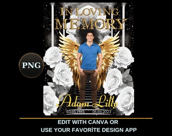 In Loving Memory PNG, Black Gold Heaven's Stairway Memorial Background for Funeral, Remembrance, RIP Memorial T-shirt PNG Sublimation