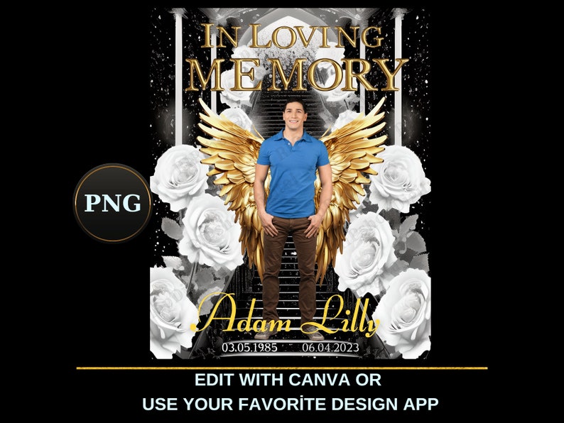 In Loving Memory PNG, Black Gold Heaven's Stairway Memorial Background for Funeral, Remembrance, RIP Memorial T-shirt PNG Sublimation