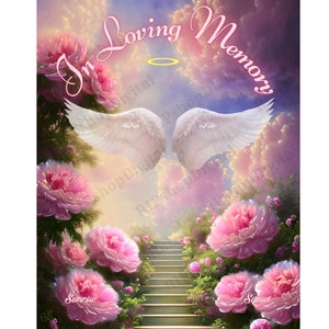 İn Loving Memory PNG, Pink funeral gifts, Blue Sky Background, Heaven gate Stairway Memorial Background,Rip png, Funeral Tshirt template PNG