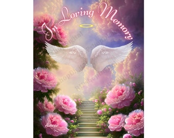 İn Loving Memory PNG, Pink funeral gifts, Blue Sky Background, Heaven gate Stairway Memorial Background,Rip png, Funeral Tshirt template PNG