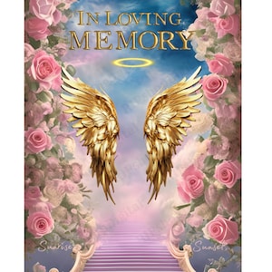 En memoria amorosa PNG, fondo conmemorativo de la escalera del cielo rosa rosa, tarjeta funeraria, plantilla PNG de camiseta conmemorativa RIP