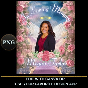 May include: A digital memorial image featuring a woman with angel wings, surrounded by pink roses. The text "In Loving Memory" is written in a decorative font above her head. The text "Megan Taylor" is written below her, along with the dates "Sunrise 10-12-1982" and "Sunset 03-02-2023".