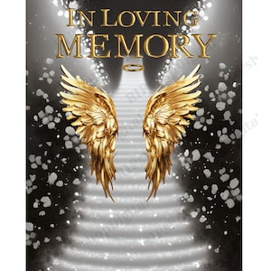 In Loving Memory PNG, Black Heaven's Stairway Memorial Background for Funeral,Gold wings Remembrance, RIP Memorial T-shirt PNG Sublimation