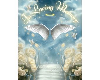 İn Loving Memory PNG, Blue Sky Background, Heaven gate Stairway Memorial Background, White Rose memorial,  tshirt template,Funeral Rip PNG