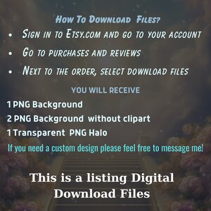 K&ouml;nnte beinhalten: Anleitung zum Herunterladen digitaler Dateien von Etsy.com. Das Bild zeigt einen Text&uuml;berlagerung auf einem Hintergrund aus bew&ouml;lktem Himmel mit einer Treppe, die zu einem Blumenbusch f&uuml;hrt. Der Text enth&auml;lt die W&ouml;rter "Wie lade ich Dateien herunter?", "Sie erhalten", "1 PNG-Hintergrund", "2 PNG-Hintergr&uuml;nde ohne Cliparts", "1 transparentes PNG-Halo", "Dies ist eine digitale Download-Datei-Liste".