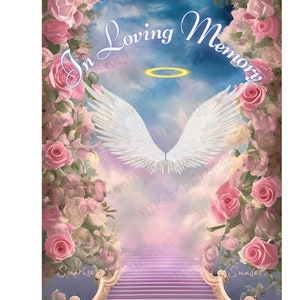 İn Loving Memory PNG, Pink Rose Heaven gate Stairway Memorial Background Blue Sky Background, , Carte funéraire, Rip png, modèle de chemise bleu