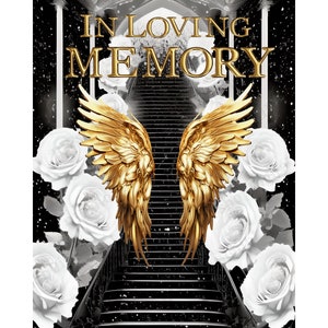 In Loving Memory PNG, Black Gold Heaven's Stairway Memorial Background for Funeral, Remembrance, RIP Memorial T-shirt PNG Sublimation