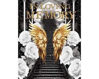 In Loving Memory PNG, Black Gold Heaven's Stairway Memorial Background for Funeral, Remembrance, RIP Memorial T-shirt PNG Sublimation