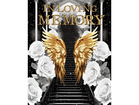 In Loving Memory PNG, Black Gold Heaven's Stairway Memorial Background for Funeral, Remembrance, RIP Memorial T-shirt PNG Sublimation