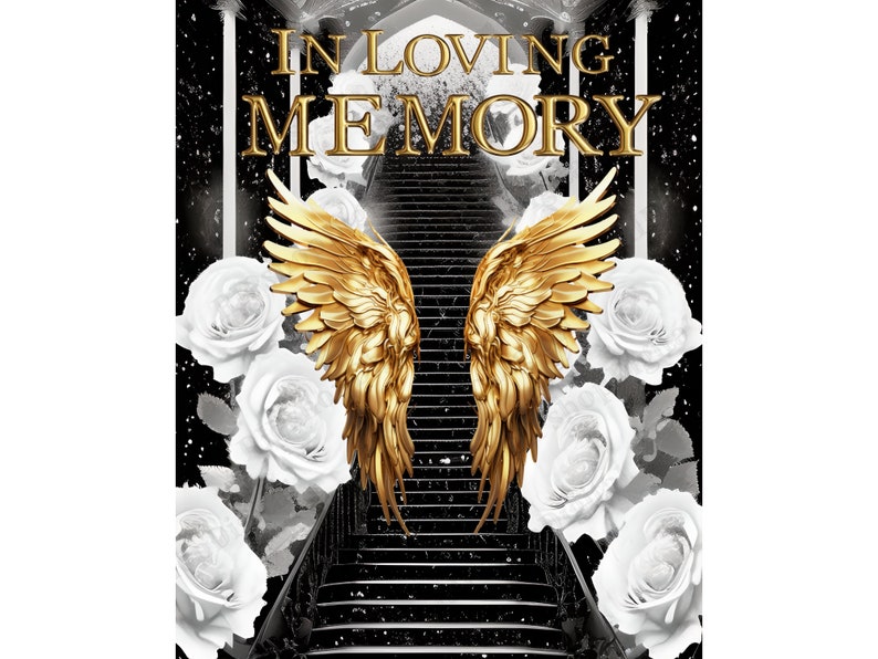 In Loving Memory PNG, Black Gold Heaven's Stairway Memorial Background for Funeral, Remembrance, RIP Memorial T-shirt PNG Sublimation