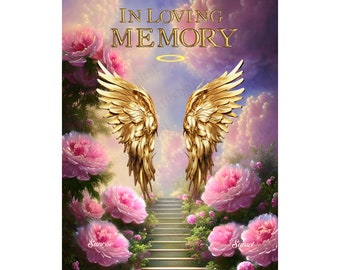 In Loving Memory PNG - Pink Rose Heaven Gate Stairway Memorial on Blue Sky Background for Funeral, Rip PNG, Gold angel wings