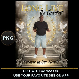 May include: A digital illustration of a man standing on a stairway to heaven with doves flying above him. The text "LONG LIVE The Greatest" and "Forever In Our Hearts" is displayed on the image. The image is suitable for use as a memorial or tribute.