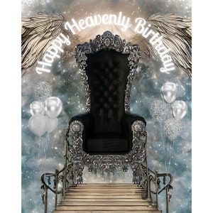 Happy Heavenly Birthday, Silver Heavens Gates Chair ,Silver and Black Memorial Png,Template for funeral RIP Memory