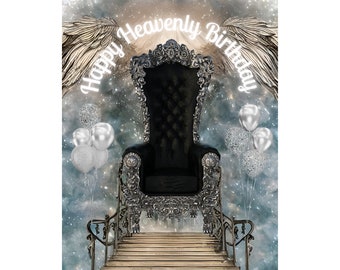 Happy Heavenly Birthday, Silver Heavens Gates Chair ,Silver and Black Memorial Png,Template for funeral RIP Memory