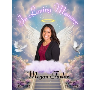 İn Loving Memory PNG, Blue Sky background, Heaven gate Stairway Memorial Background, Funeral Card, Memorial Template, Heaven background