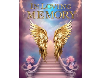In Loving Memory PNG, Mom in heaven,Pink Gold Heaven's Stairway Memorial Background for Funeral, RIP Memorial T-shirt PNG Sublimation
