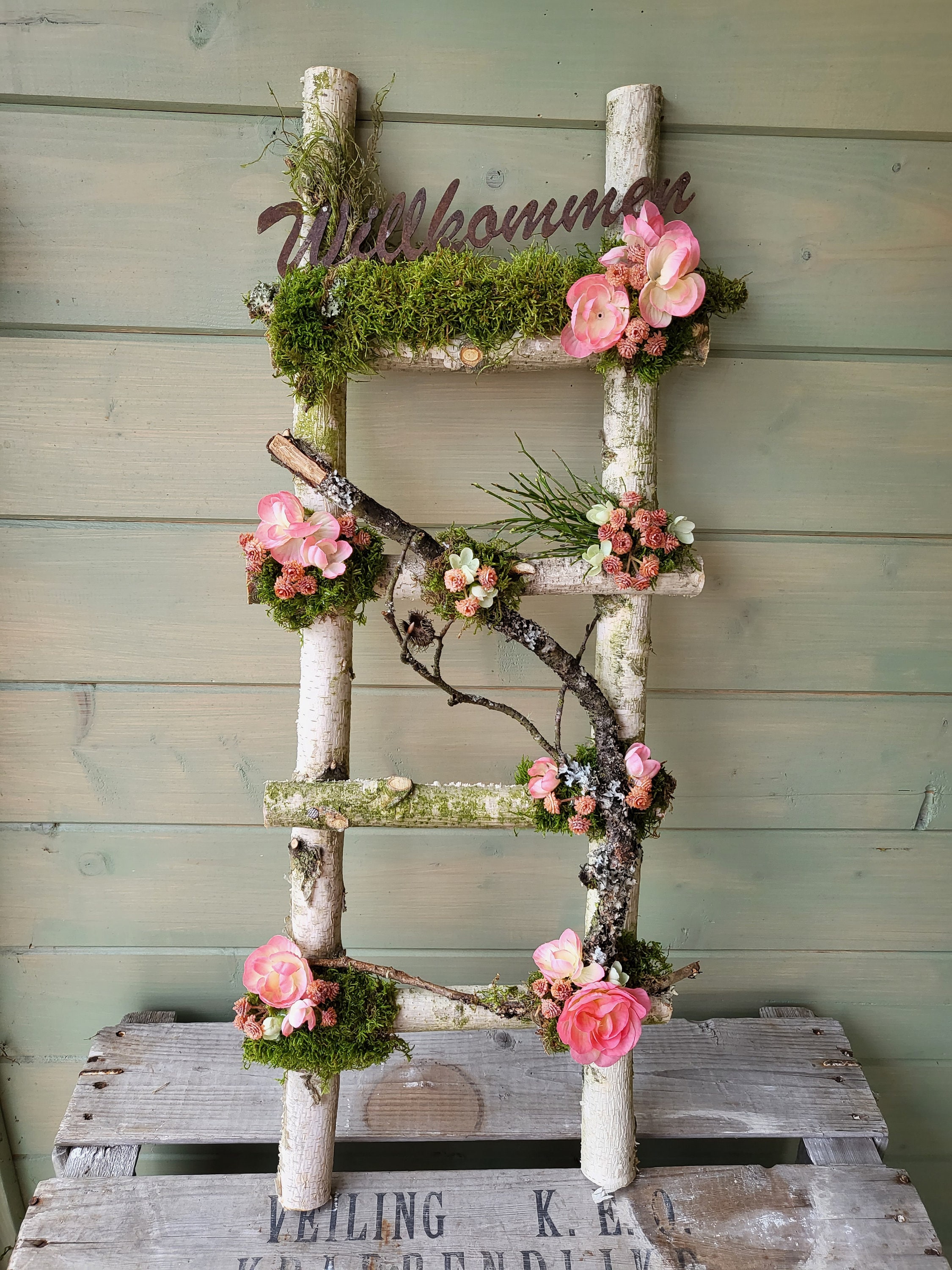 Deko Leiter Birke Blumen Frühling Vögel Dekoleiter Holz Natur Garten Ostern pink