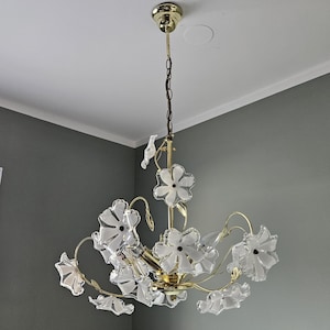 Vintage Flower Chandelier / Brass Ceiling Light / Floral Lamp / White Flowers Pendant Light / Hanging Lamp / Flower Chandelier Murano Style