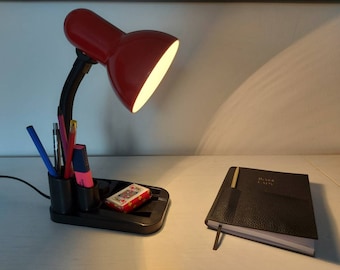 Organizador de lámpara de escritorio vintage de cuello de cisne rojo: lámpara de trabajo de los años 80